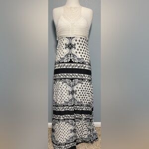 L'ATISTE By Amy Boho Crochet Halter Maxi Dress Black White Paisley Beach Small